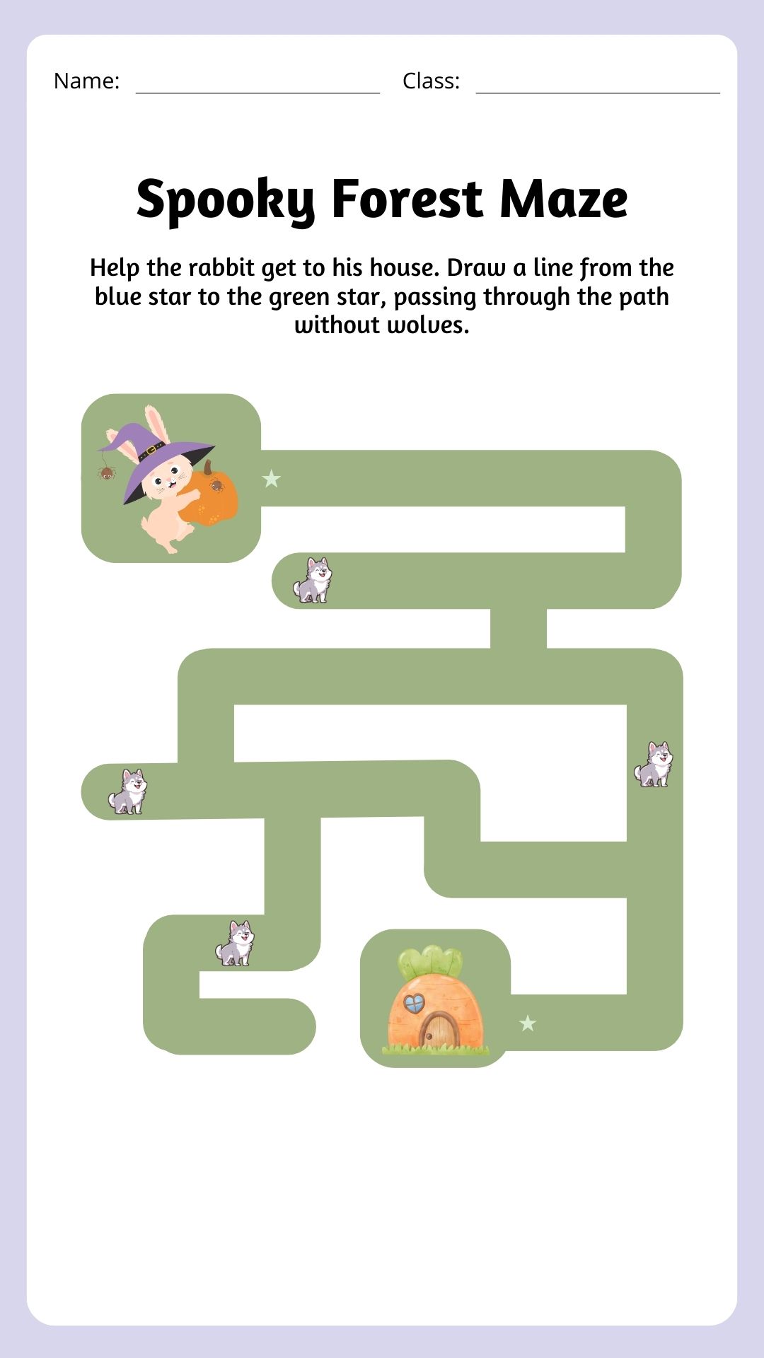 Spooky Forest Maze Game Printable featuring a rabbit, wolves, and a maze leading to a house.