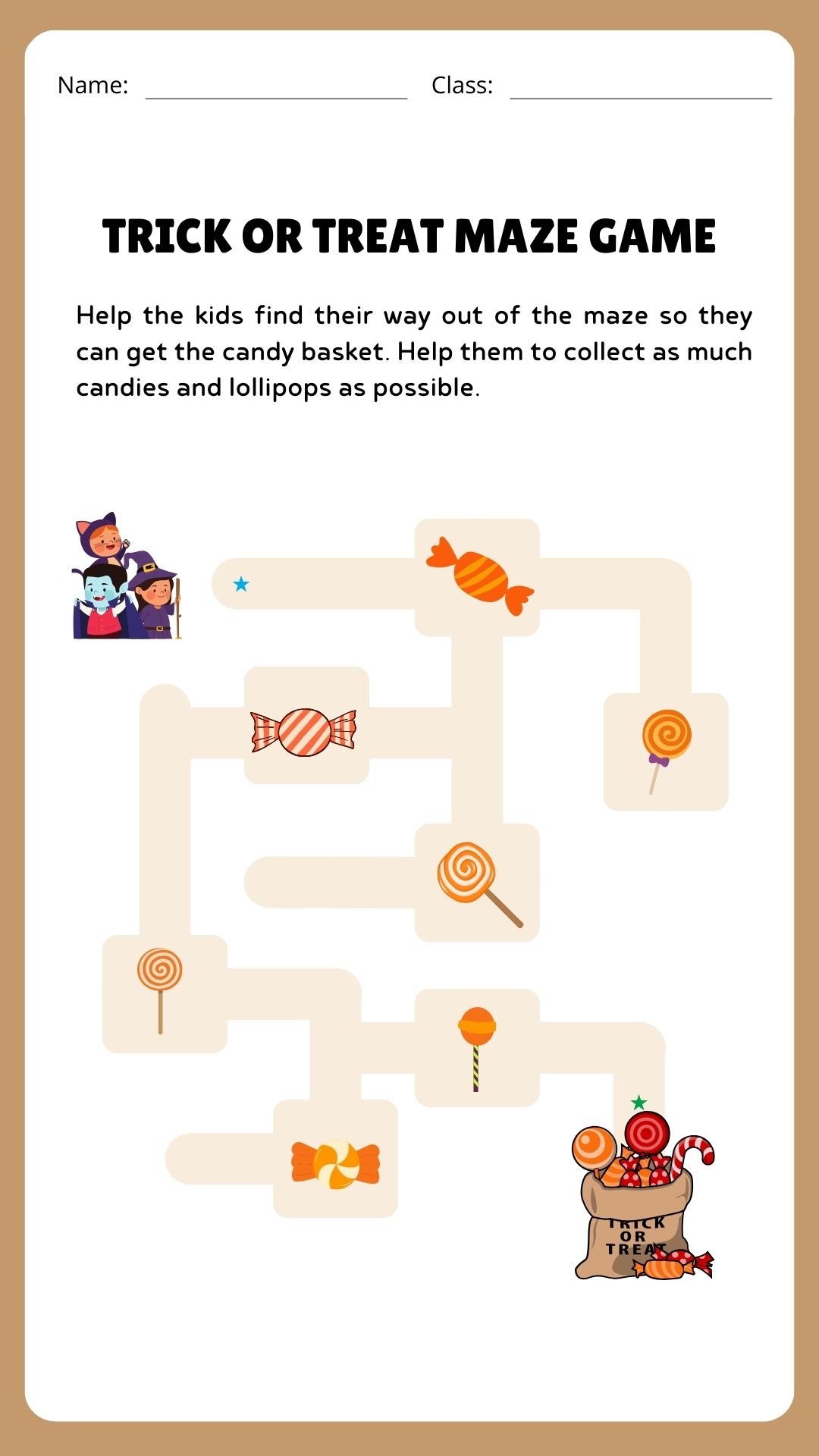 Trick or Treat Maze Game Printable with kids collecting candy through a maze.