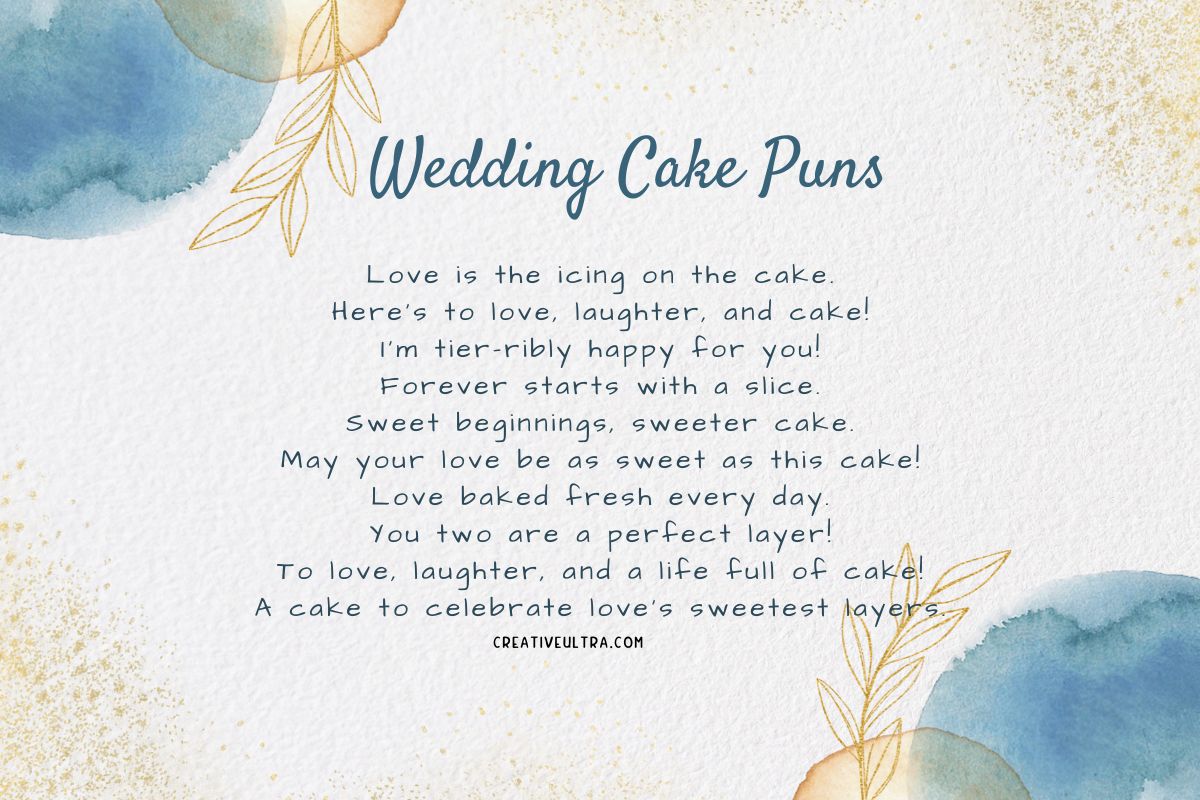 Watercolor design with wedding cake puns such as 'Love is the icing on the cake' and 'Forever starts with a slice,' from creativeultra.com.