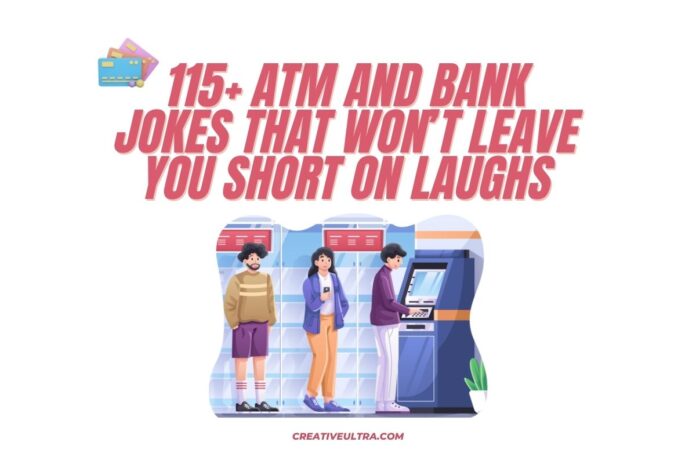 A group of people waiting in line for the ATM, with a title 