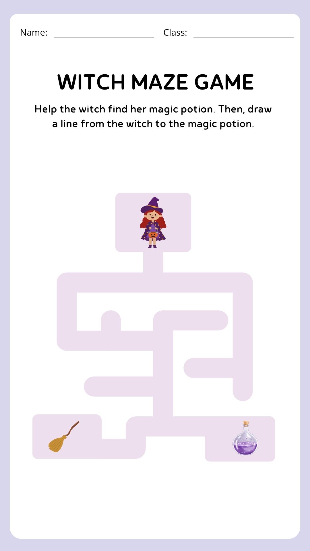 Witch Maze Game Printable with a young witch finding her potion in a maze.