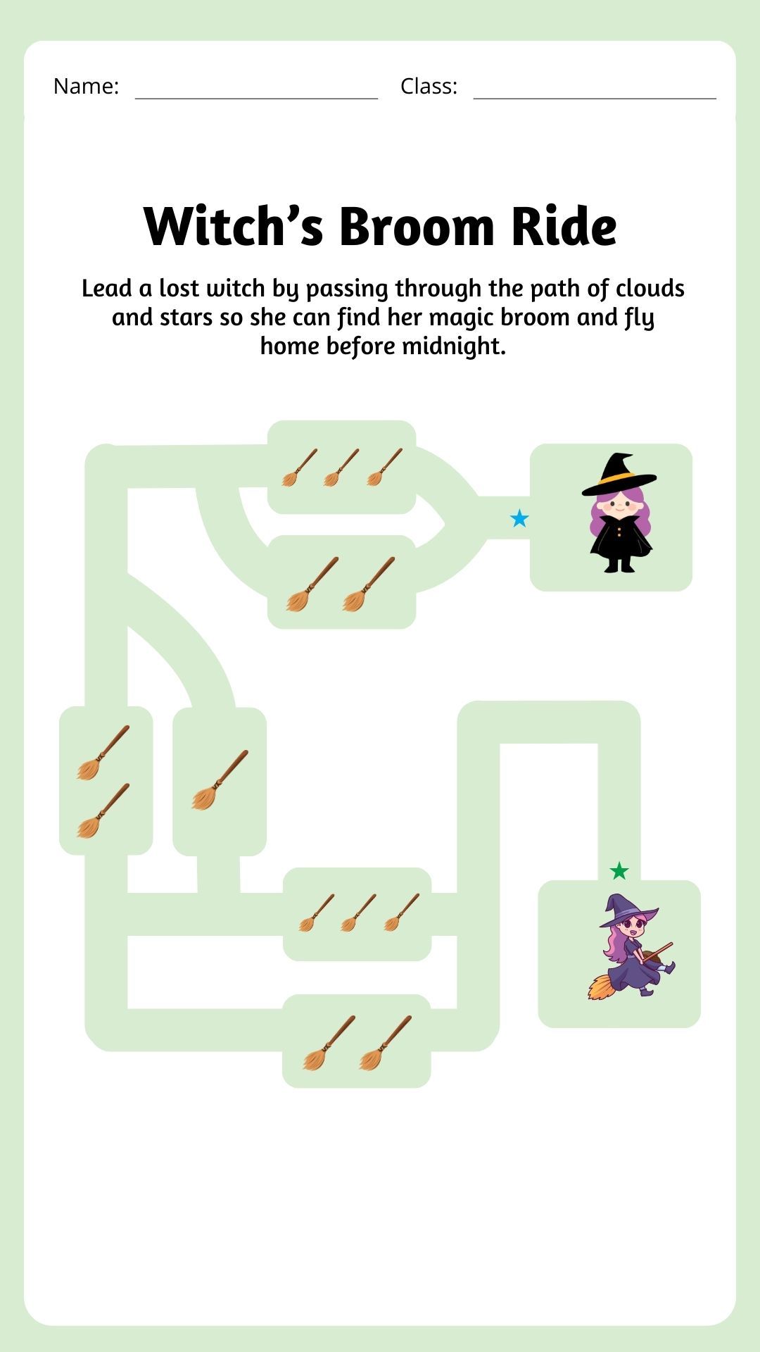 Witch’s Broom Ride Maze Game Printable featuring a maze with brooms and a witch trying to find her broom.
