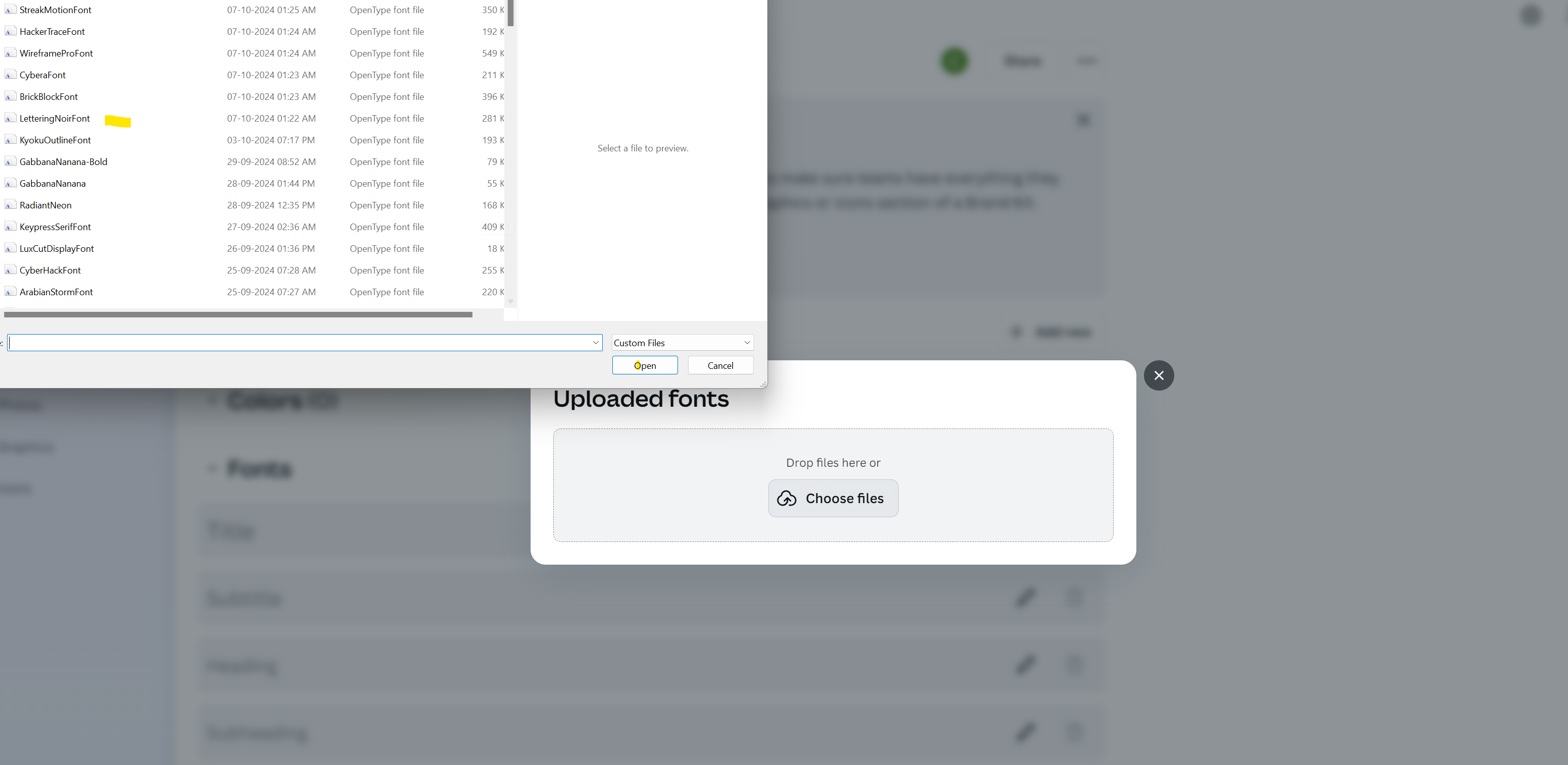 A computer screen showing a file upload interface for selecting fonts.