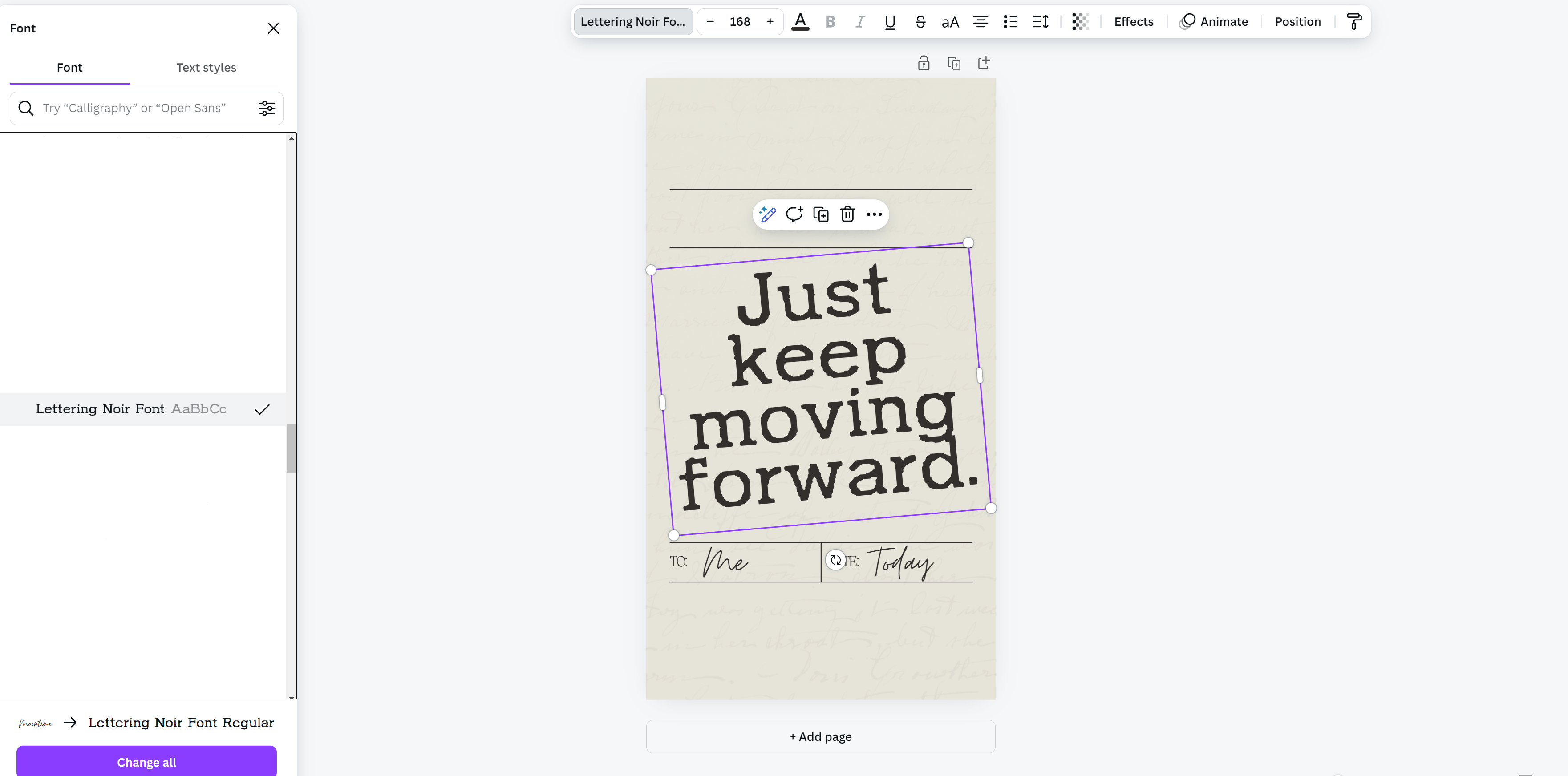 Text on a textured background reads, "Just keep moving forward. and this screenshot is for the post Upload and Use Fonts in Canva