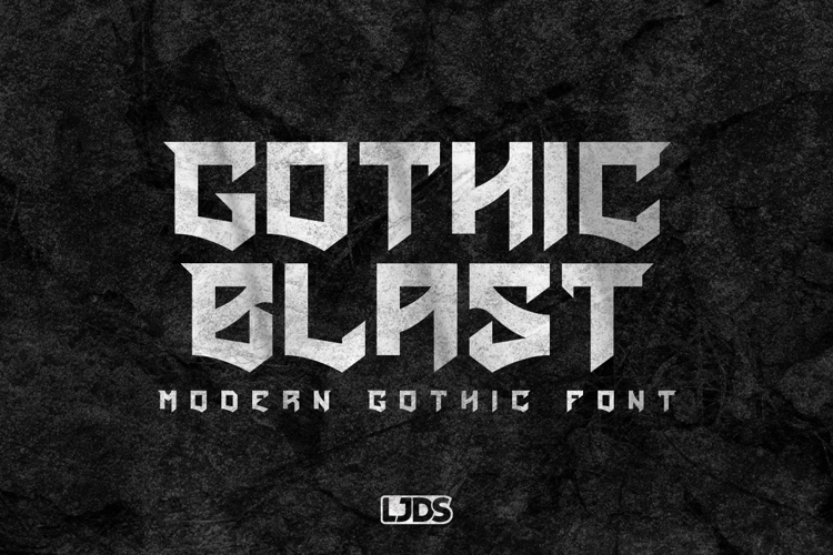 Gothic Blast text in a jagged font on a textured dark background, labeled as a modern gothic font by LJDS.