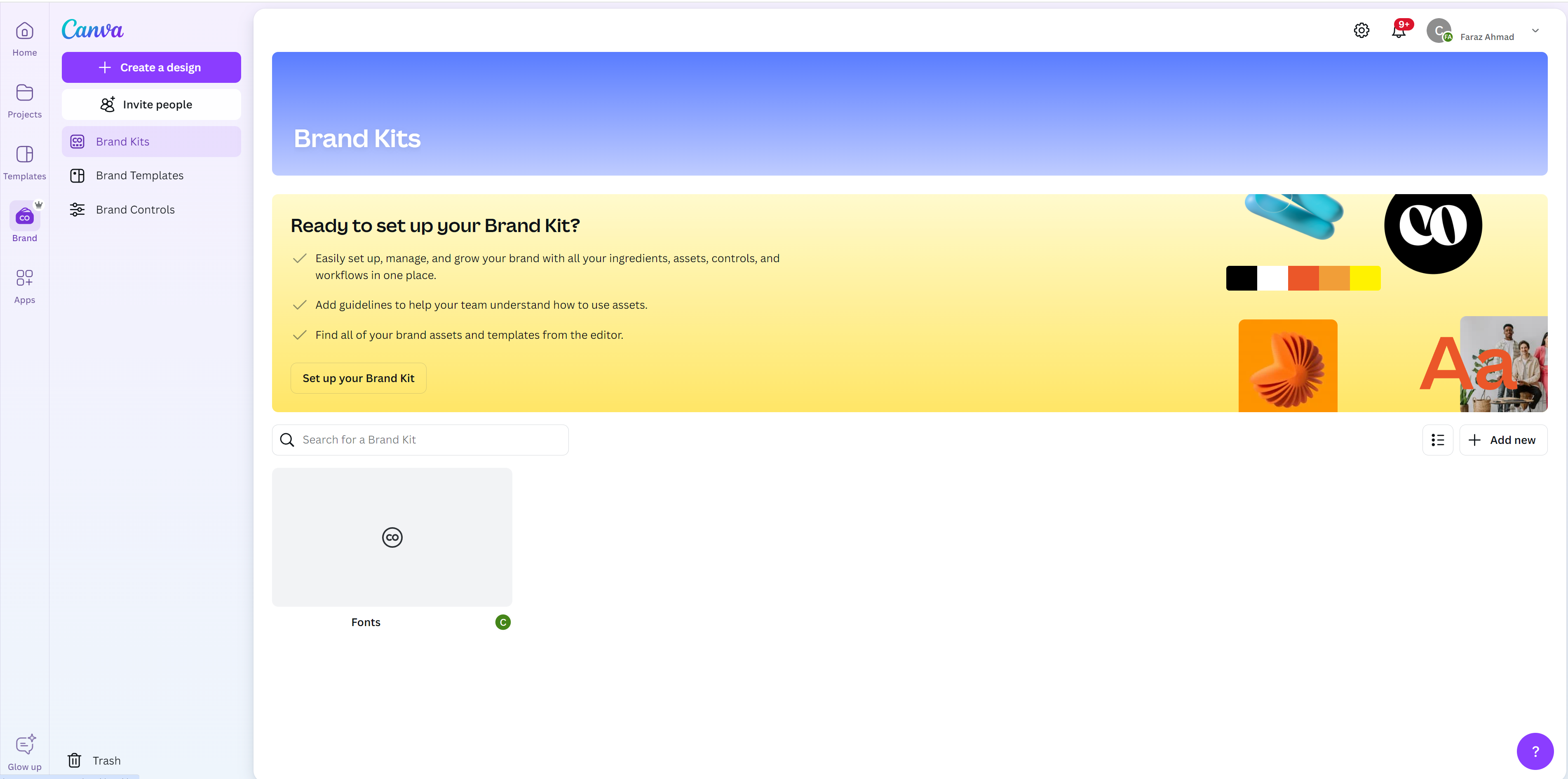Screenshot of Canva's "Brand Kits" page for setting up brand assets and templates.