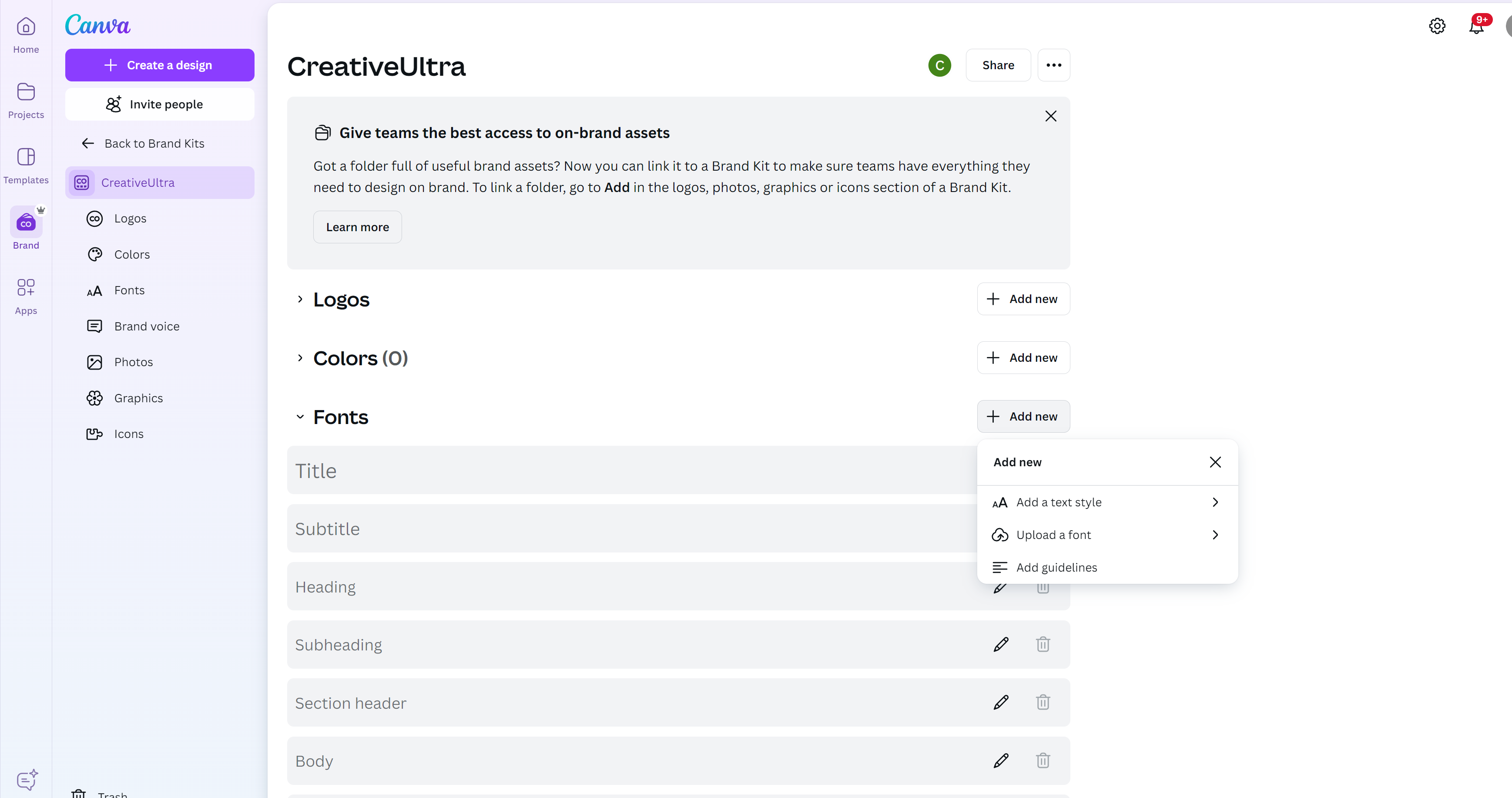 Canva interface showing brand assets organization with sections for logos, colors, and fonts.