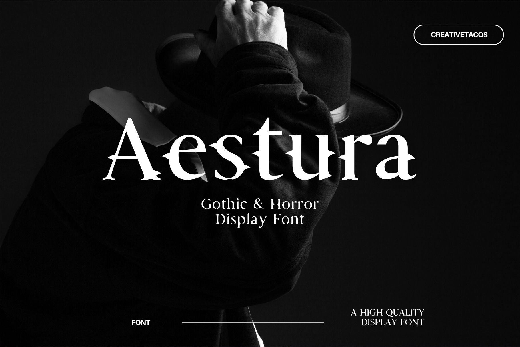Person in a dark outfit and hat with text: "Aestura Gothic & Horror Display Font" on a black background.