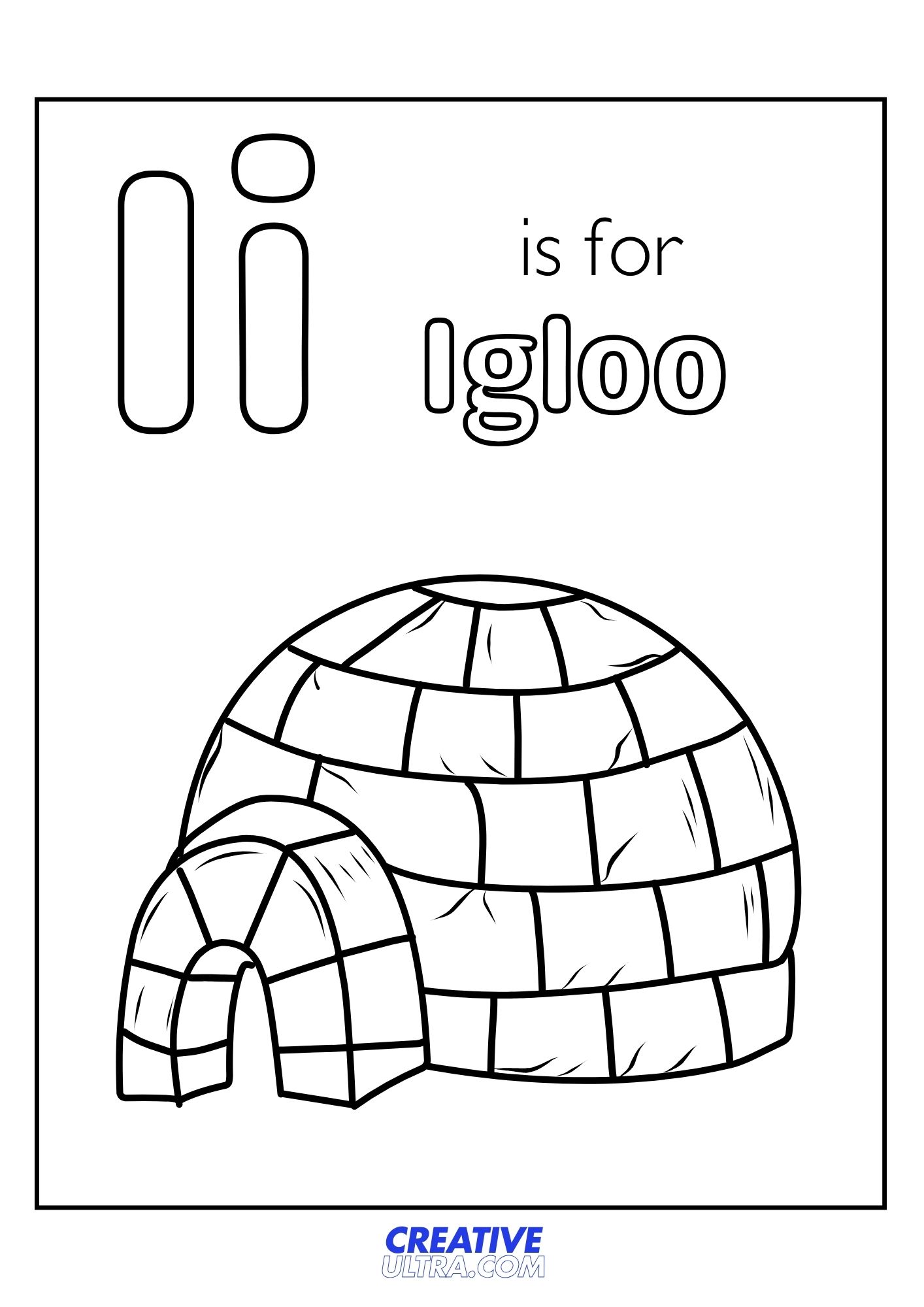 Printable Igloo coloring page for kids featuring an igloo with bold outlines, part of letter I alphabet worksheets.