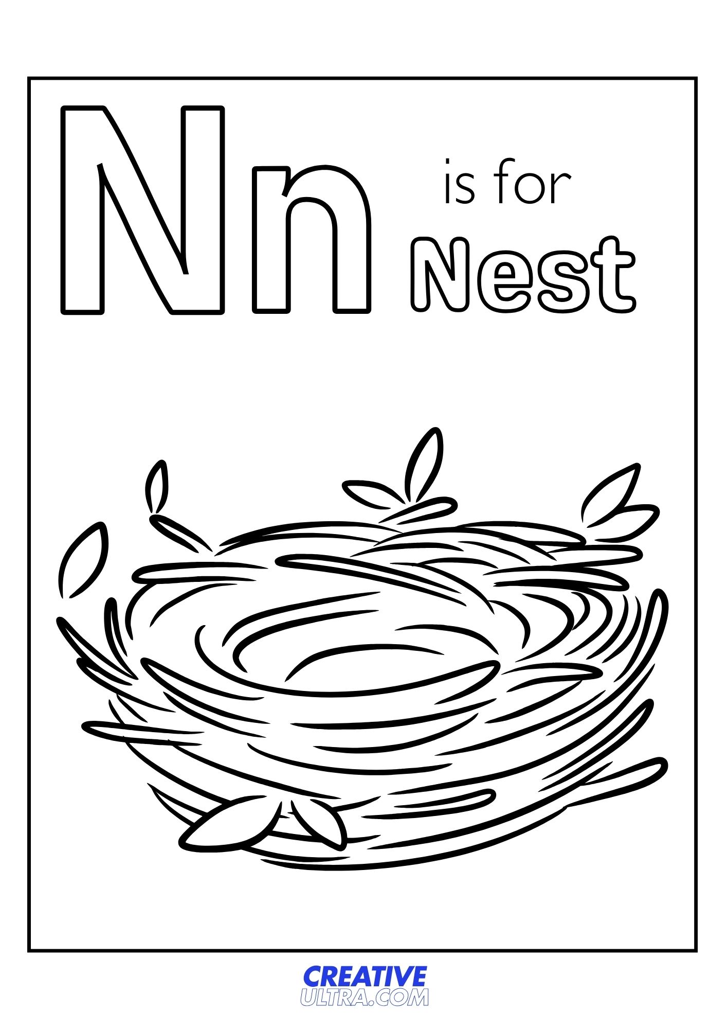 Letter N is for Nest coloring page with a detailed nest illustration.