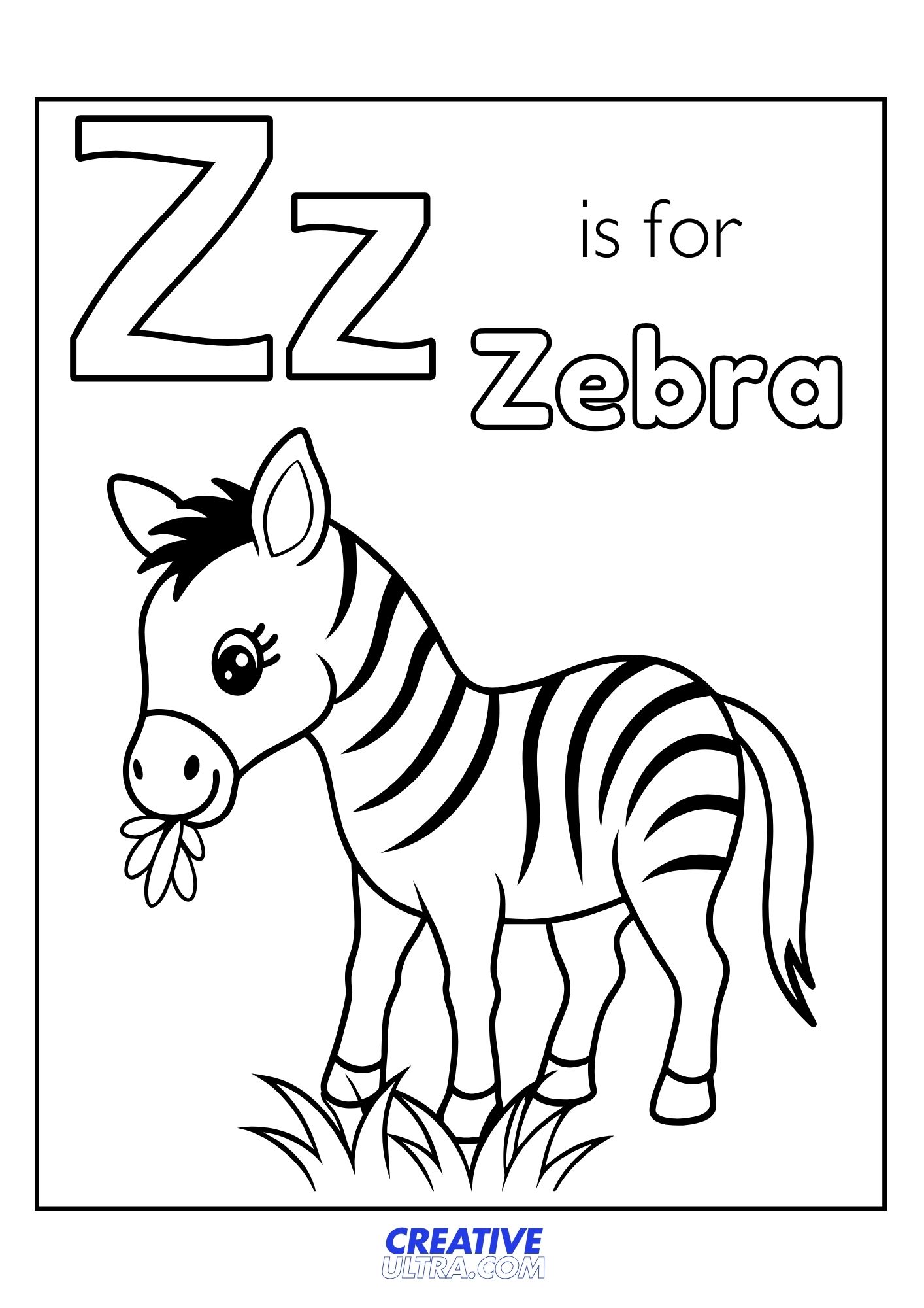 Coloring page with a cute zebra standing on grass, eating a flower. Large letters read "Z is for Zebra" above. Playful and educational tone.