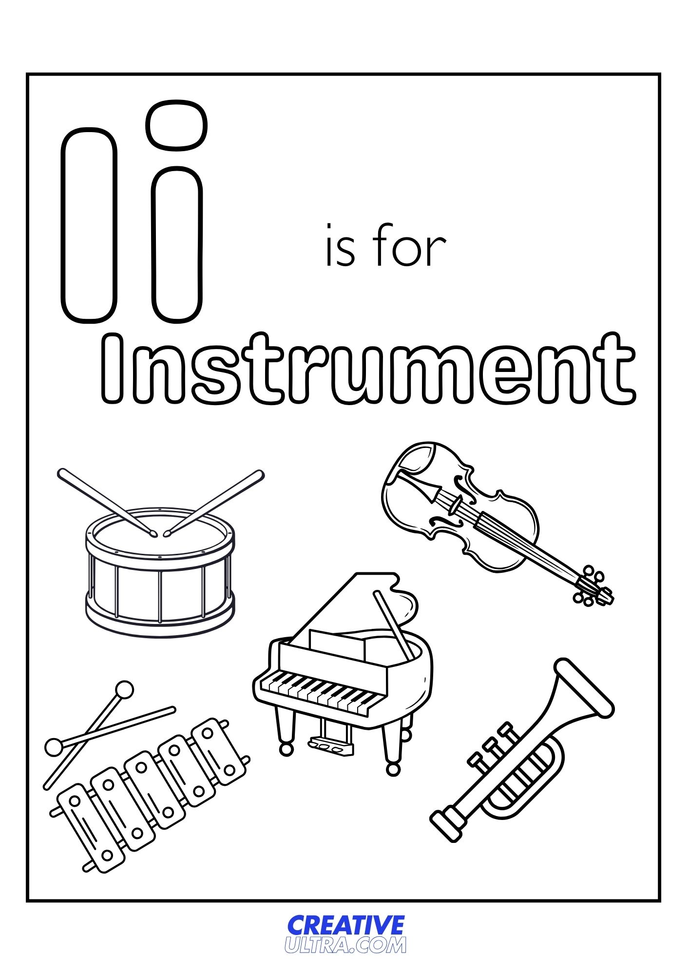 Instrument coloring page featuring a drum, violin, piano, and trumpet, part of the letter I printable worksheets.