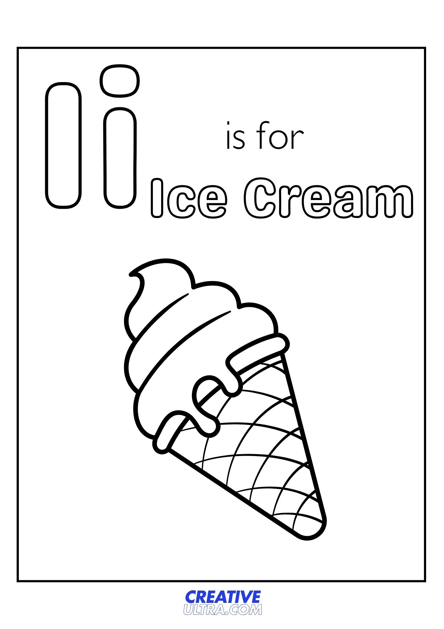 Printable Ice Cream coloring page for kids showcasing a cone with scoops, ideal for letter I learning activities.