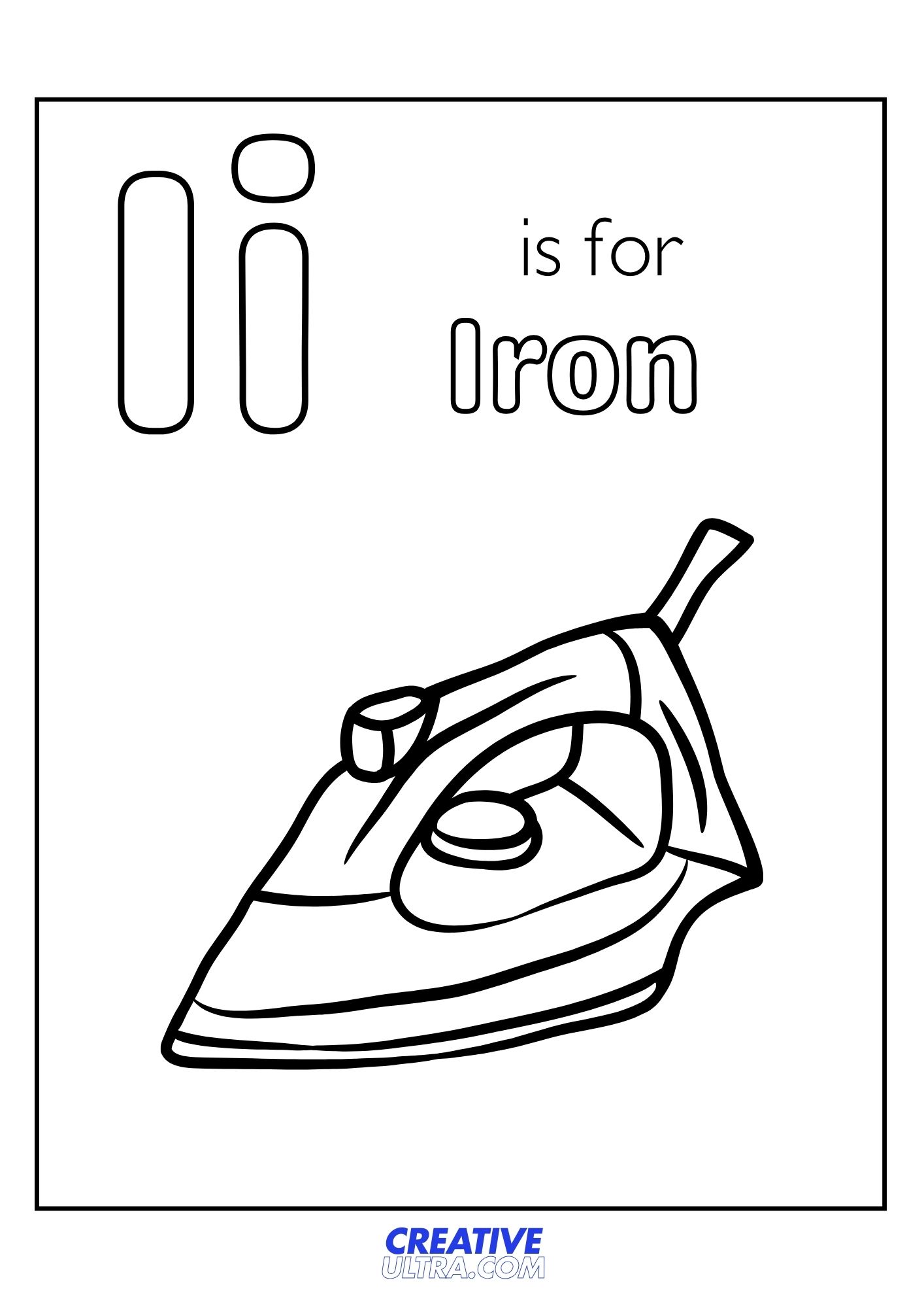 Iron coloring page for kids with a household iron illustration, perfect for teaching the letter I in a fun way.