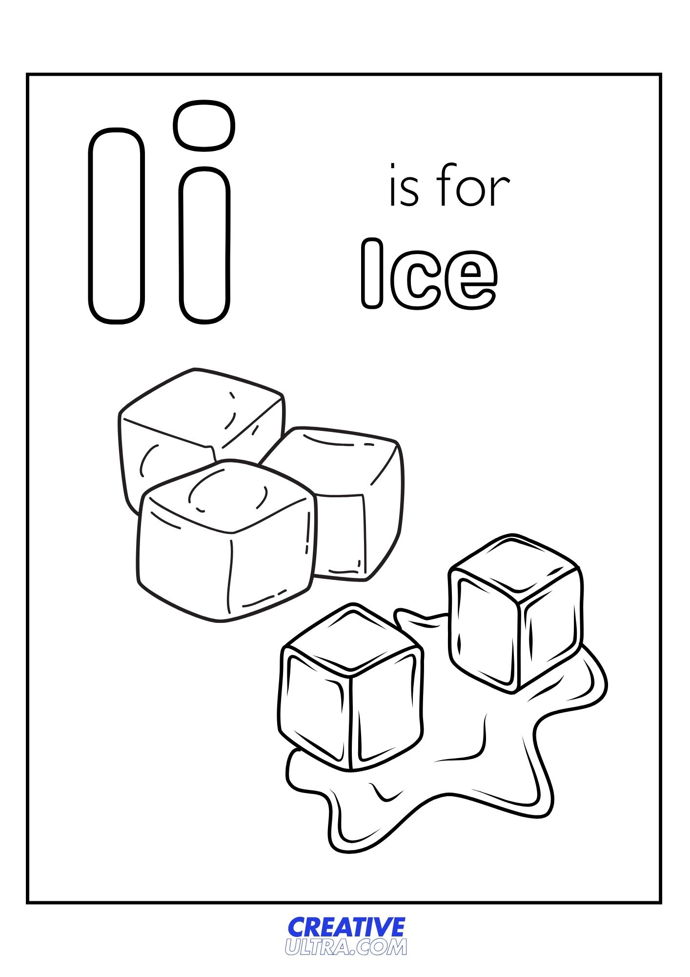 Ice cube coloring page for kids with melting ice blocks, part of the letter I printable worksheets.
