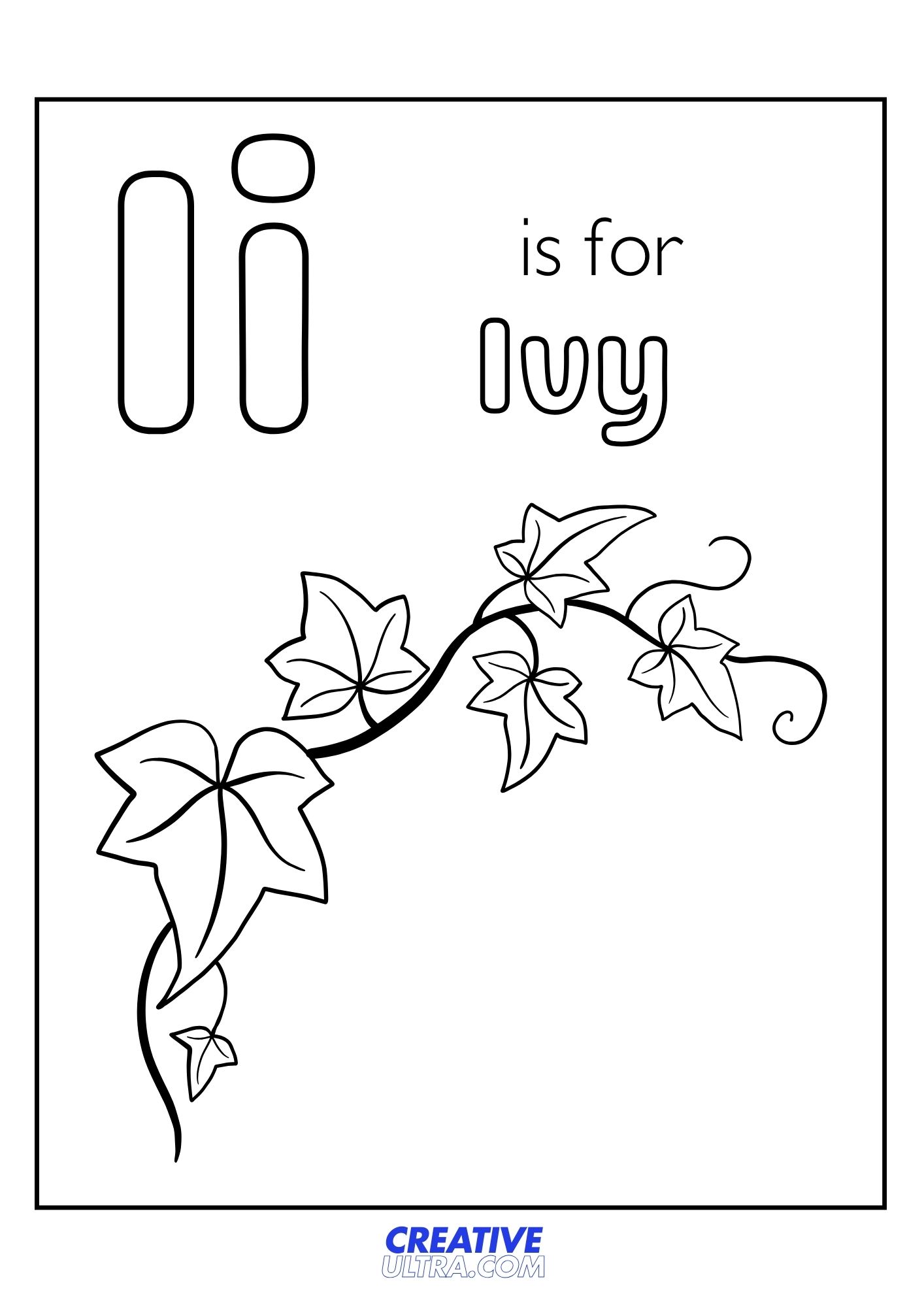 Ivy vine coloring page featuring flowing leaves, designed for kids learning the letter I through fun activities.