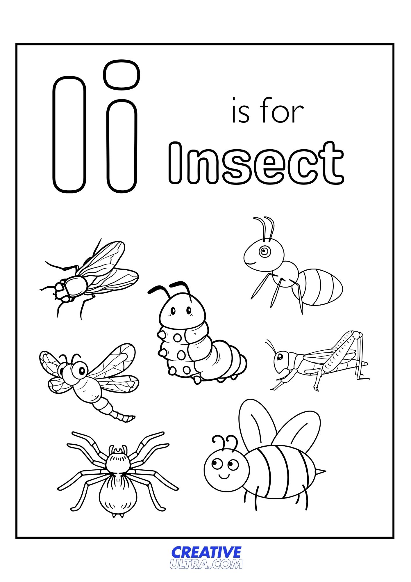 Printable Insect coloring page with a variety of bugs like ants, bees, and caterpillars, part of letter I activities.