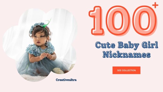 A baby girl in a blue dress and matching headband sits on a soft rug. The text 