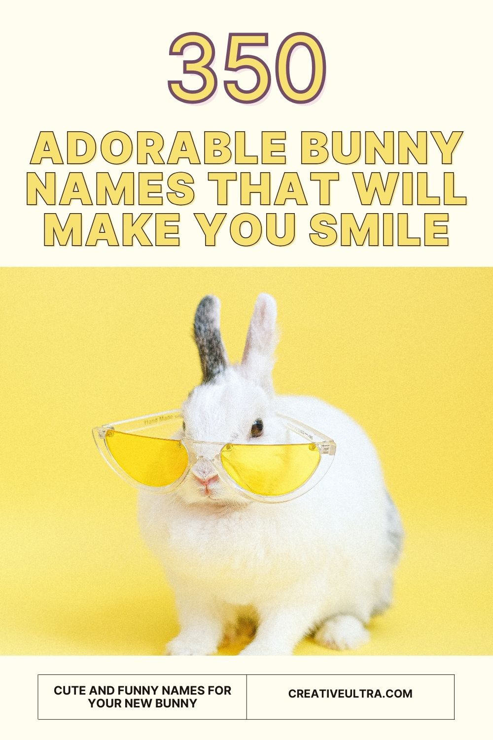A white bunny wearing yellow sunglasses on a yellow background under the text "350 Adorable Bunny Names That Will Make You Smile." Fun and playful vibe.