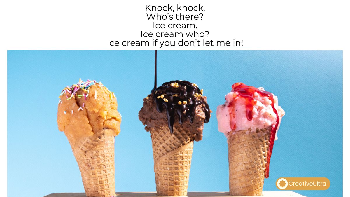 Three ice cream cones against a blue background. From left: orange with sprinkles, chocolate with syrup, pink with red sauce. Text above tells a knock-knock joke.