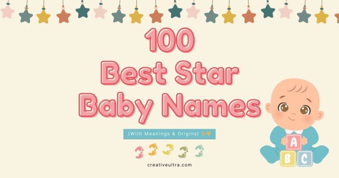 Illustration of colorful stars and a smiling baby with alphabet blocks, text reads 