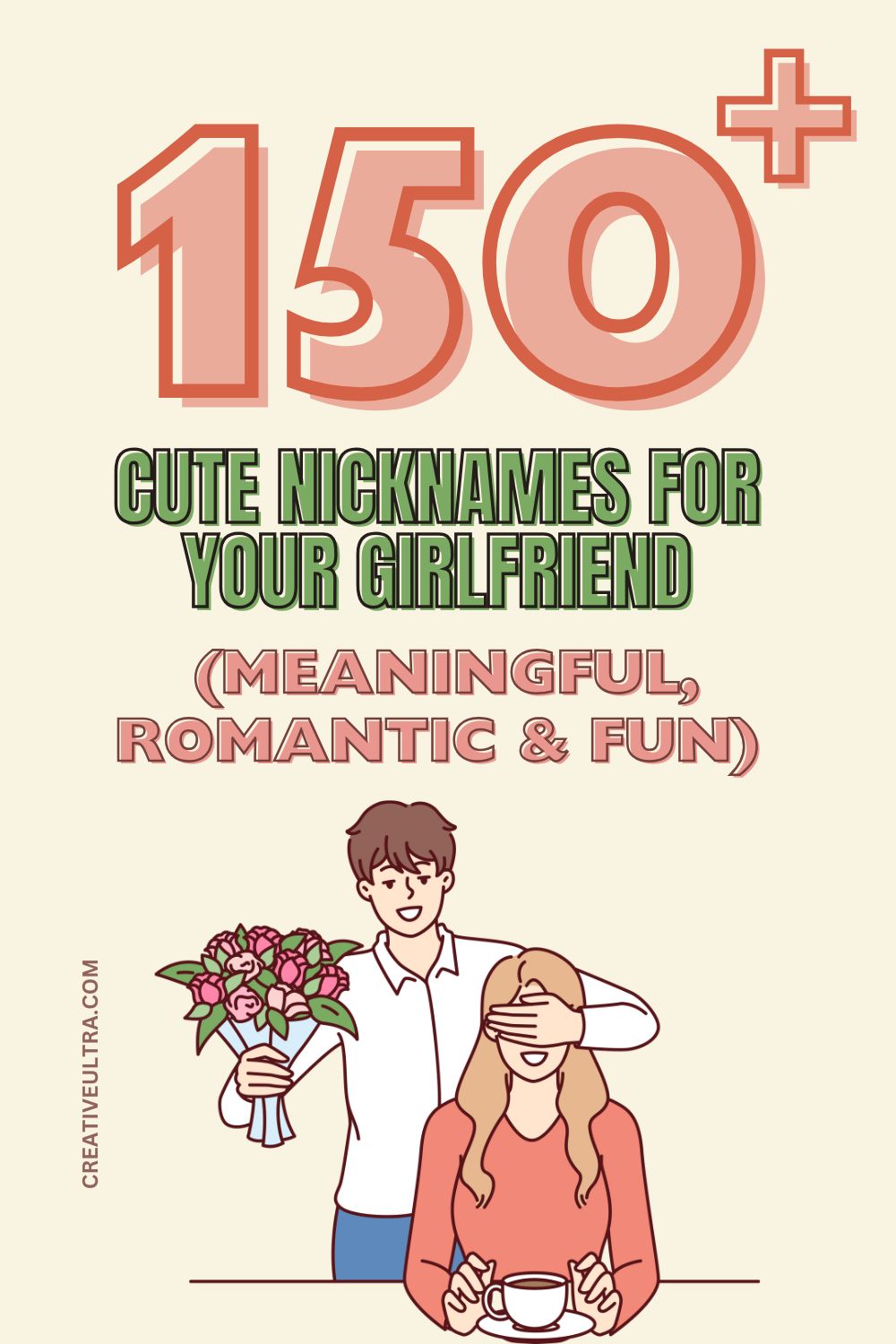 Illustration of a person surprising another with flowers, covering their eyes. Text reads "150+ Cute Nicknames for Your Girlfriend (Meaningful, Romantic & Fun)."