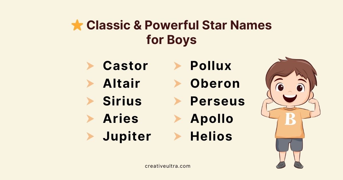 "Illustration of classic and powerful star names for boys, including Castor, Pollux, Altair, Oberon, and more, with a smiling cartoon boy."