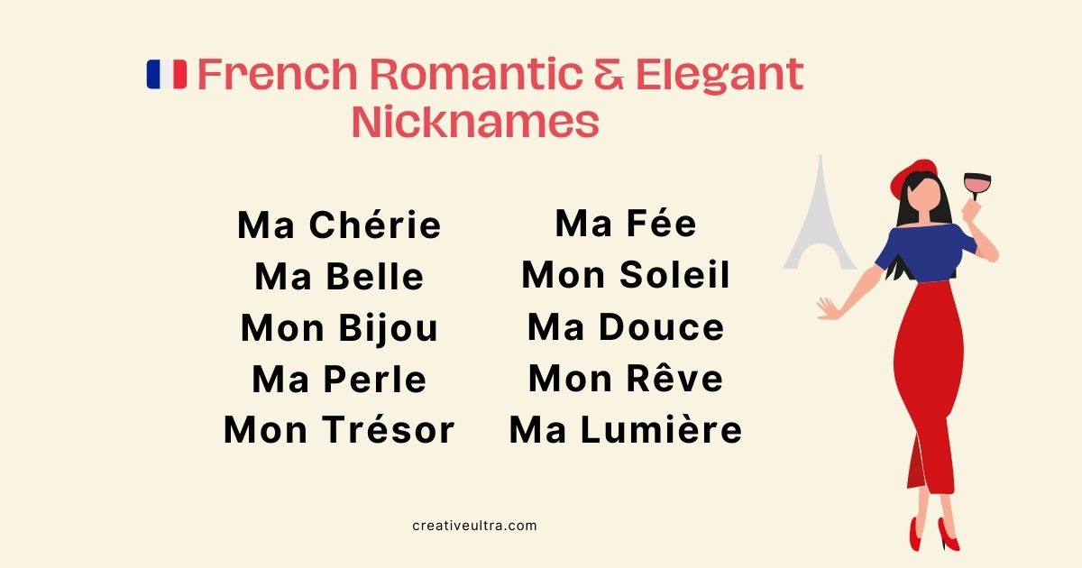 "List of French romantic nicknames with an illustration of a woman in red holding a wine glass, styled with the Eiffel Tower. Keywords include Ma Chérie, Ma Belle, Mon Bijou, and more."