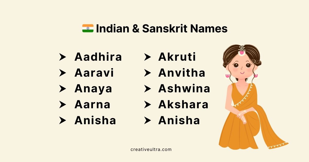 "Image with a list of Indian and Sanskrit names including Aadhira, Aaravi, and others. On the right, an illustration of a girl in a traditional orange saree. The tone is cultural and informative."