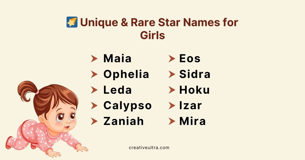 "Illustration of a crawling baby in pink pajamas, with a list of unique and rare star names for girls, including Maia, Ophelia, Leda, and more."