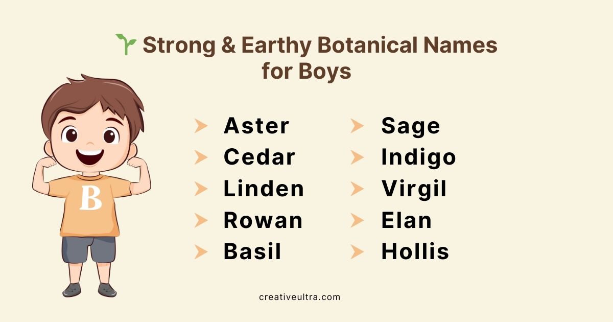 Illustration of a smiling boy flexing muscles with a "B" on his shirt, next to a list titled "Strong & Earthy Botanical Names for Boys" including names like Aster, Sage, and Cedar.