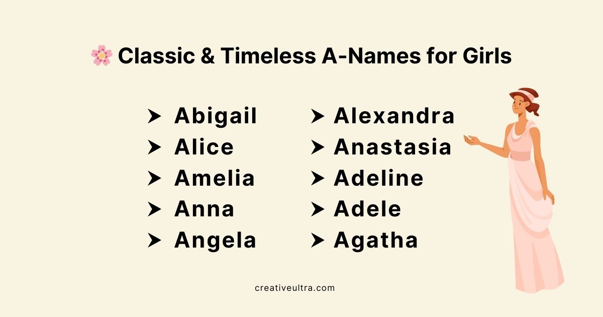 A list titled "Classic & Timeless A-Names for Girls" with names like Abigail, Amelia, Alexandra. On the right, an illustration of a woman in a flowing dress.