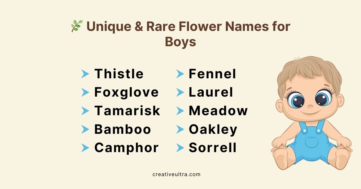 Beige background with the title "Unique & Rare Flower Names for Boys" in brown text. A list of names appears, including Thistle, Foxglove, Tamarisk, Bamboo, Camphor, Fennel, Laurel, Meadow, Oakley, and Sorrell. A cartoon baby wearing blue overalls sits to the right, smiling.
