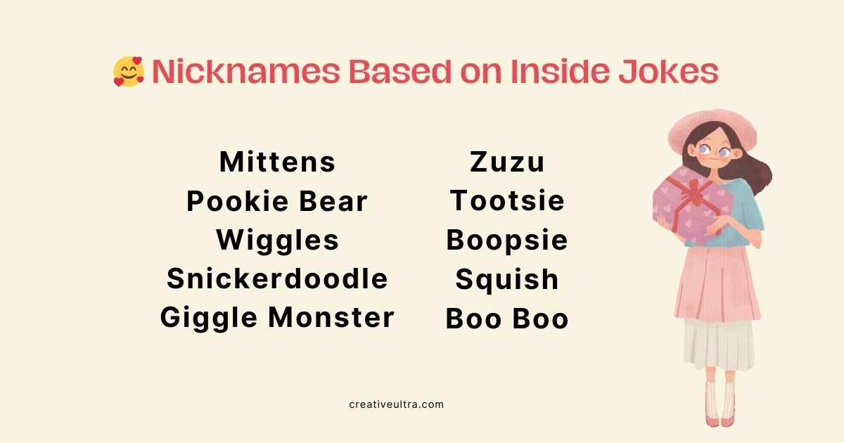 Image of a list titled "Nicknames Based on Inside Jokes" with cute options like "Pookie Bear" and "Boopsie." On the right, an illustration of a smiling girl holding a gift.