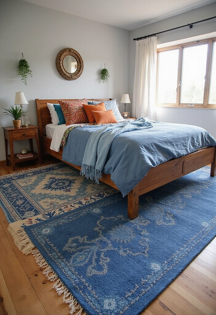 24 Blue Boho Bedroom Ideas That Will Give Your Home a Fresh New Look! - 6. Layered Rugs in Blue Hues