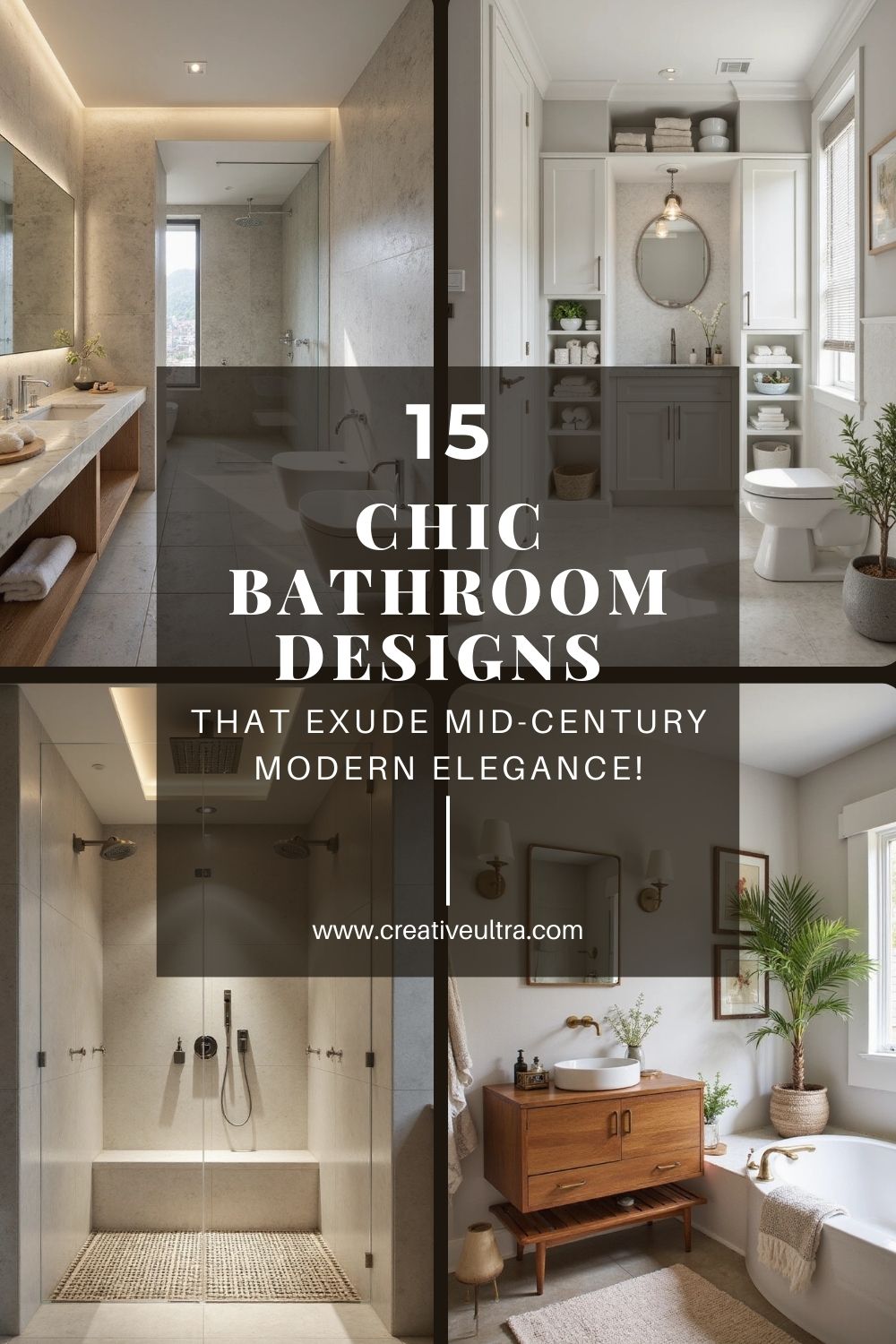 Collage of chic bathroom designs with elegant mid-century decor. Features sleek fixtures, modern vanities, and greenery, exuding a serene, luxurious vibe.