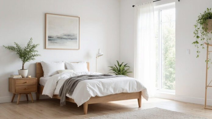 Minimalist bedroom with a wooden bed, white bedding, and a gray throw. Light wood nightstand with a plant, abstract wall art, and large window with sheer curtains. Bright and serene ambiance.