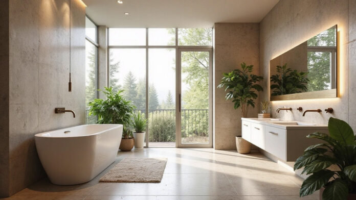 Spacious bathroom with a modern freestanding tub, large window, and view of trees. Light wood accents, greenery, and tranquil ambiance enhance relaxation.