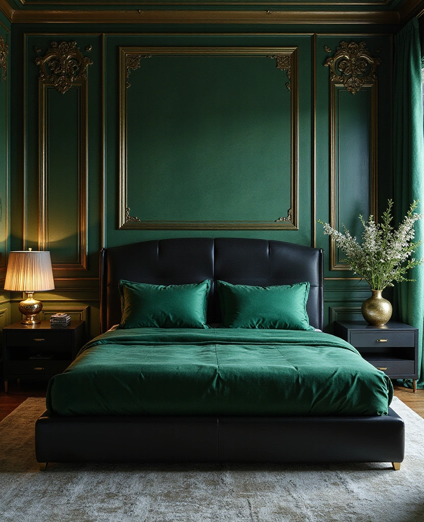 25 Stunning Black and Green Bedroom Aesthetics You Can't Miss! - 7. Art Deco Glamour