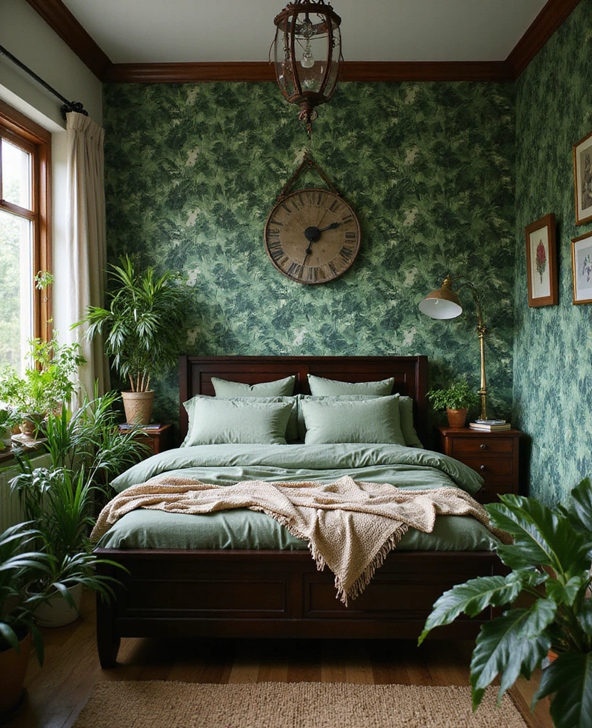 25 Stunning Black and Green Bedroom Aesthetics You Can't Miss! - 2. Nature-Inspired Retreat