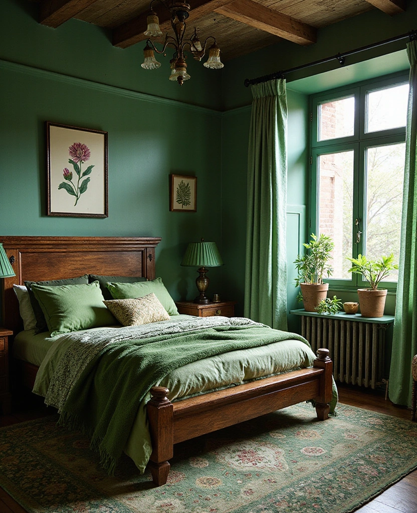 25 Stunning Black and Green Bedroom Aesthetics You Can't Miss! - 5. Eclectic Greens and Dark Woods