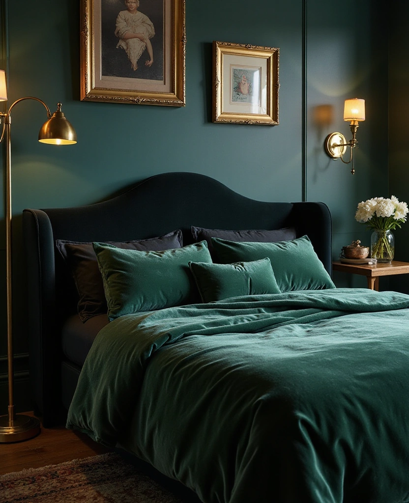 25 Stunning Black and Green Bedroom Aesthetics You Can't Miss! - 4. Luxe Velvet Touch