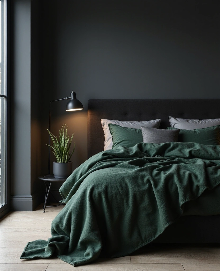 25 Stunning Black and Green Bedroom Aesthetics You Can't Miss! - 1. Elegant Monochrome with a Twist