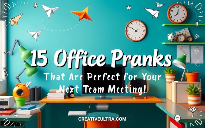 Colorful office desk with playful paper airplanes and clocks. Text reads 