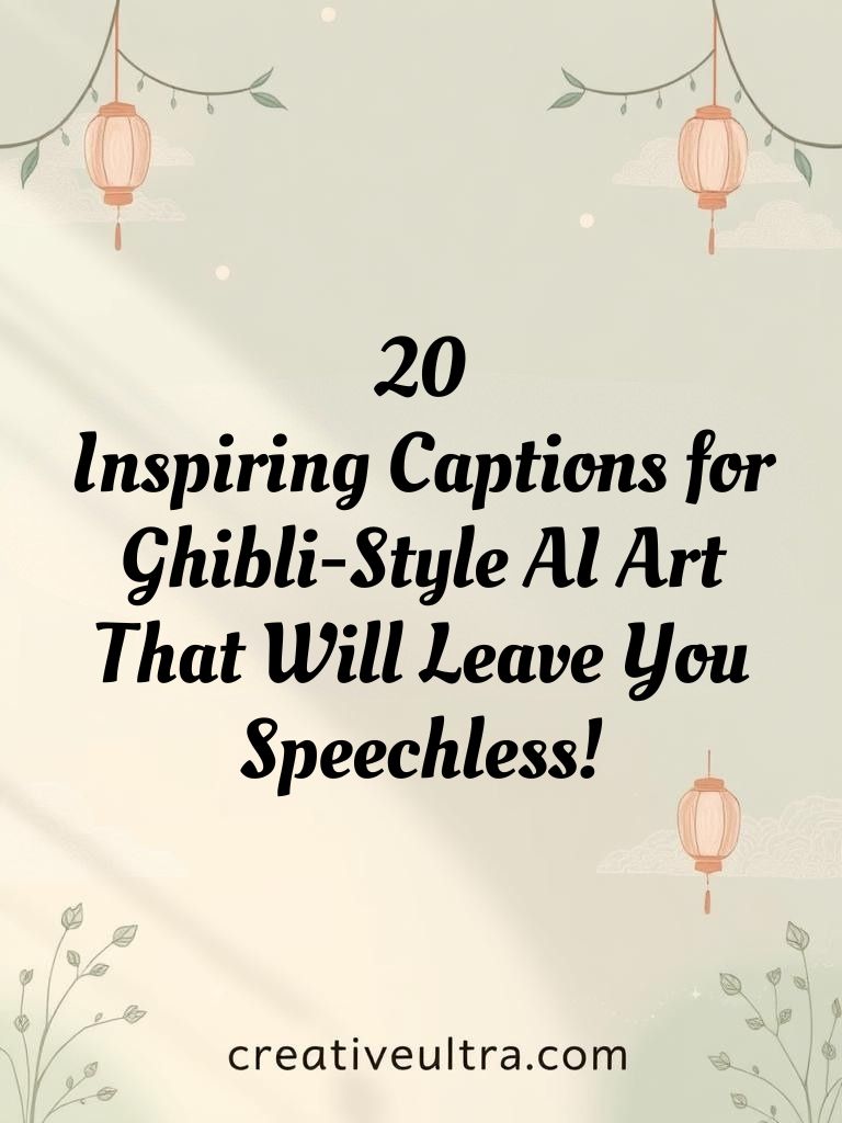 Whimsical lanterns hang against a light green background. Bold text reads, "20 Inspiring Captions for Ghibli-Style AI Art That Will Leave You Speechless!"