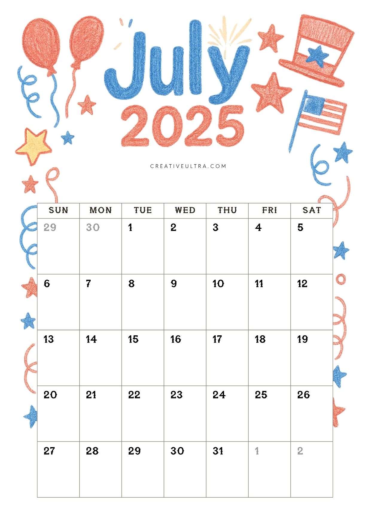 5. Crayon Patriotic Party July 2025 Calendar