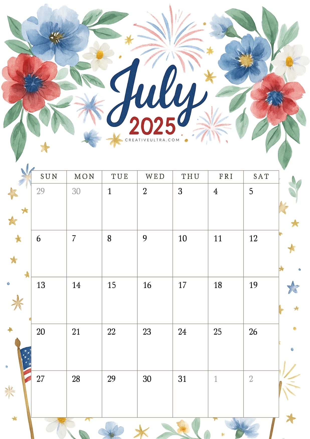 6. Watercolor Celebration July 2025 Calendar