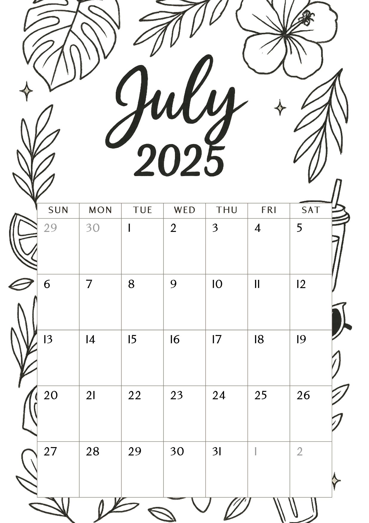 7. Black & White Tropical July 2025 Calendar