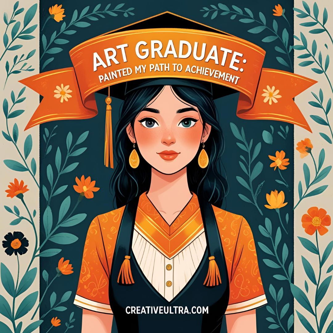 Illustrated portrait of a young woman in graduation attire holding a brush. Banner reads "Art Graduate: Painted My Path to Achievement." Surrounded by floral patterns.