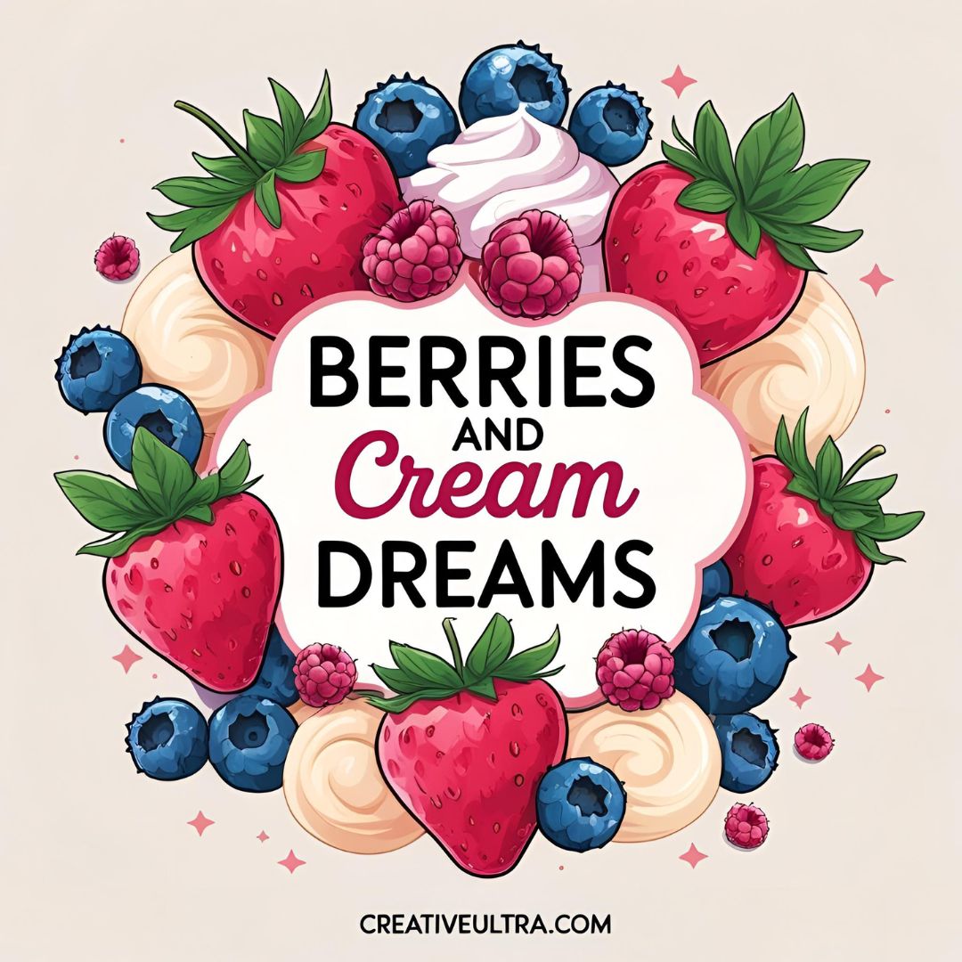 Illustration of strawberries, blueberries, and raspberries surrounding the words "Berries and Cream Dreams" with whipped cream accents, conveying a sweet and fresh theme.